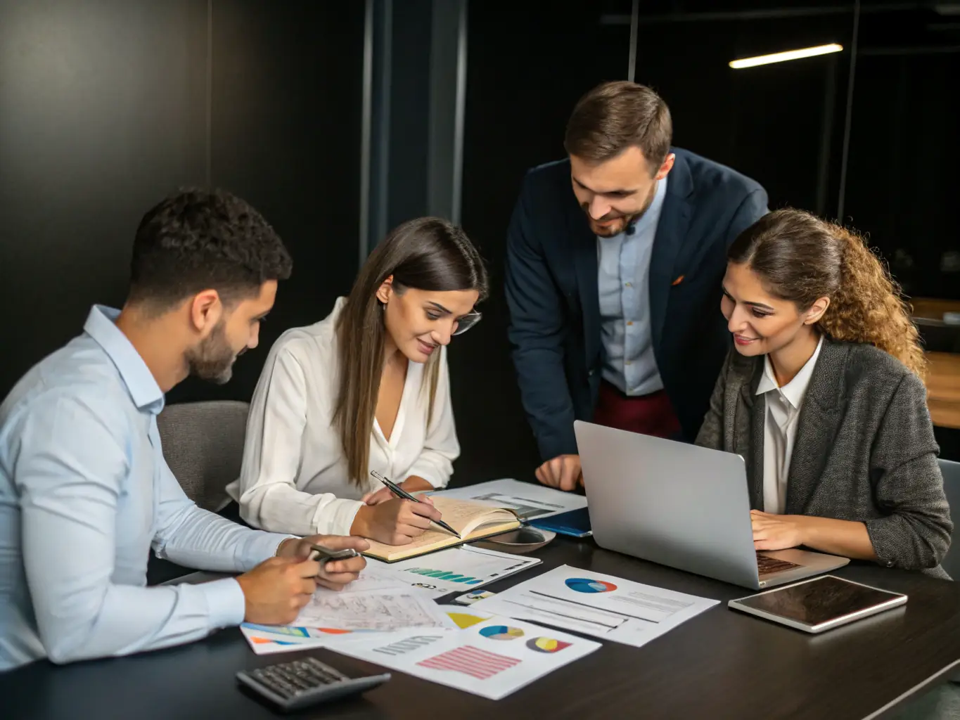 A team collaborating on a program management dashboard, analyzing key performance indicators and identifying areas for improvement, in a collaborative workspace.